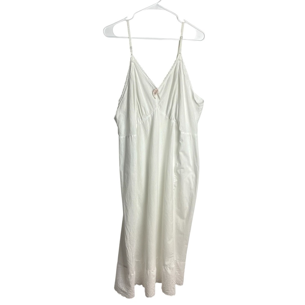 Vintage Womens Cotton Eyelet Trim Slip Dress Gown Size 2X White Babydoll Scallop
